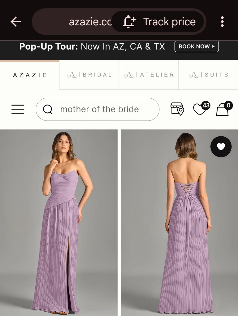 Zara Strapless Pleated Lavender Gown